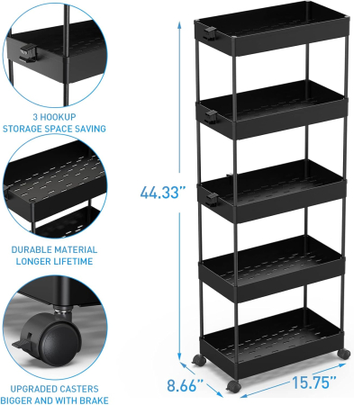 Carucior de depozitare negru cu 5 polite pentru baie, bucatarie 112x40x22 cm [2]