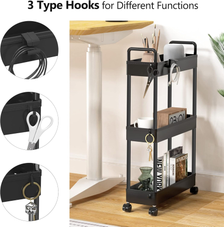 Carucior de depozitare negru cu 3 polite pentru baie, bucatarie 39x12x67 cm [3]