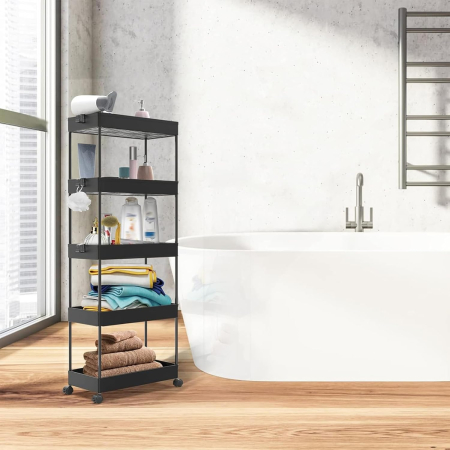 Carucior de depozitare negru cu 5 polite pentru baie, bucatarie 112x40x22 cm [5]