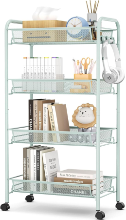 ORGANIZARE SPATIU - Carucior de depozitare metalic verde cu 4 polite pentru baie, bucatarie, birou 43.6x25.9x82.8 cm