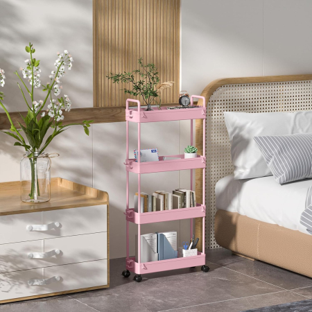 Carucior de depozitare roz cu 4 polite pentru baie, bucatarie 104.5x40x12.1 cm [5]