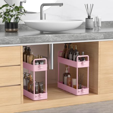 Carucior de depozitare roz cu 4 polite pentru baie, bucatarie 104.5x40x12.1 cm [4]