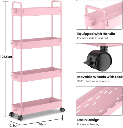 Carucior de depozitare roz cu 4 polite pentru baie, bucatarie 104.5x40x12.1 cm [1]