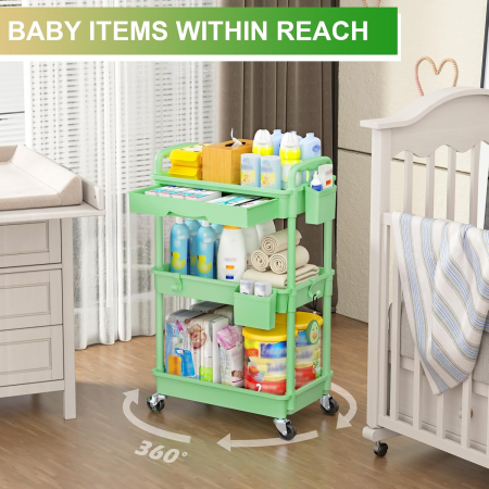 Carucior de depozitare verde cu 3 polite pentru baie, bucatarie 38.5x27x76 cm; 2,24 kg [5]