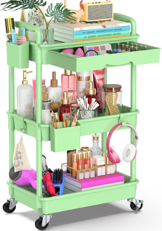 ORGANIZARE SPATIU - Carucior de depozitare verde cu 3 polite pentru baie, bucatarie 38.5x27x76 cm; 2,24 kg