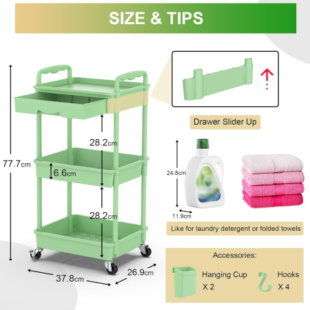 Carucior de depozitare verde cu 3 polite pentru baie, bucatarie 38.5x27x76 cm; 2,24 kg [3]