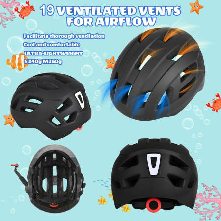 Cască neagra Bicicletă Copii LIRENGUI, Reglabilă, LED Spate Reîncărcabil, 9 Moduri, S  51-54 cm [6]