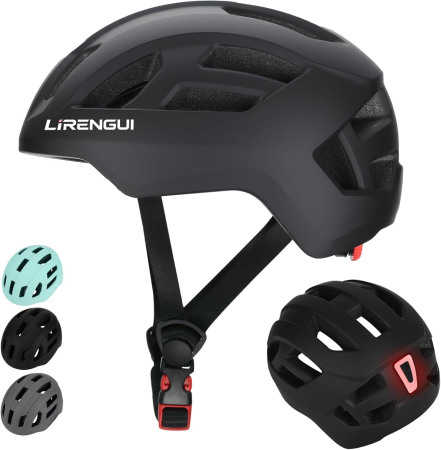 Echipamente de protectie copii - Cască neagra Bicicletă Copii LIRENGUI, Reglabilă, LED Spate Reîncărcabil, 9 Moduri, S  51-54 cm