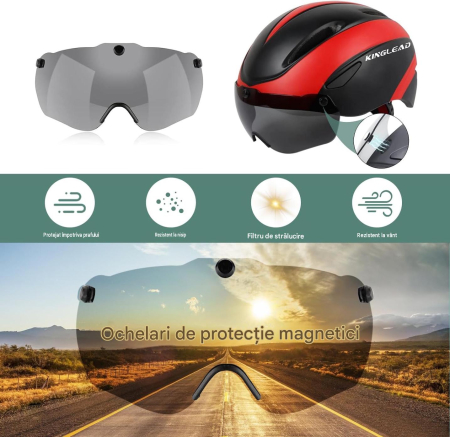 Cască rosie Bicicletă pentru Adulți, MTB/Road, CE, Vizieră Magnetică Detașabilă UV400, Reglabilă 57-61 cm, 7 Ventilații, 230 g [3]