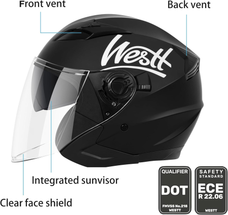 Cască Moto Jet Westt Classic, Open Face, Vizieră Solară, ECE 22.05, L 57-58 cm [1]