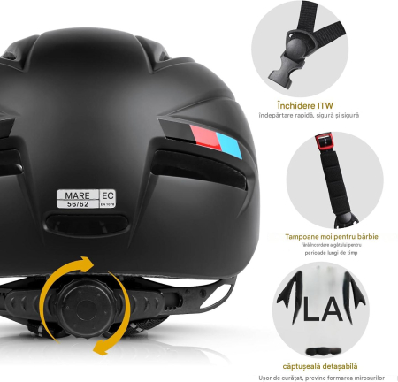 Cască neagra Bicicletă pentru Adulți, MTB/Road, CE, Vizieră Magnetică Detașabilă UV400, Reglabilă 57-61 cm, 7 Ventilații, 230 g [4]