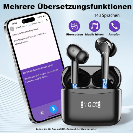 Căști fără fir Bluetooth cu traducător AI, traducere instantanee în 143 de limbi/42 de ore de redare [2]