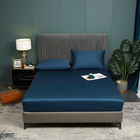 Cearceafuri de pat - Cearceaf de pat, albastru mătase, satin lucios, 200x200x25 cm