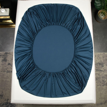 Cearceaf de pat, albastru mătase, satin lucios, 200x200x25 cm [5]