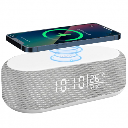ceasuri - Ceas cu alarmă digital, încărcare fără fir 15W pentru iPhone/Samsung, difuzor Bluetooth, luminozitate reglabilă în 9 culori, afișaj cu temperatură