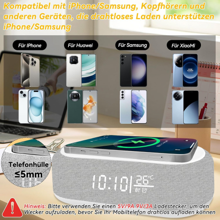 Ceas cu alarmă digital, încărcare fără fir 15W pentru iPhone/Samsung, difuzor Bluetooth, luminozitate reglabilă în 9 culori, afișaj cu temperatură [3]