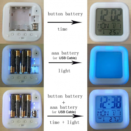 Ceas mic 7,8x7,8 cm, cub, cu alarma, iluminat LED 7 moduri, alimentare USB sau baterii [3]