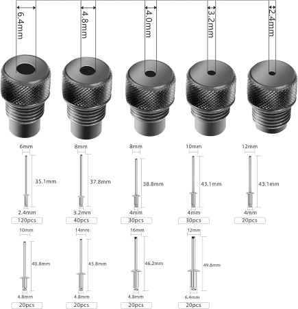Cleste pentru nituri 5 duse interschimbabile 2.4 | 3.2 | 4,0 | 4,8 | 6,4 mm [1]