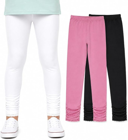 PANTALONI - Set 3 Colanți Fete Bienzoe, Bumbac Elastic, cu Dantelă, 12-13 Ani, Alb/Negru/Roz