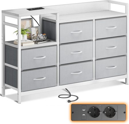 biblioteci, noptiere, dulapuri si comode - Comoda rama metal, placa MDF, 8 sertare textil, 2 porturi USB, 2 prize de 230v, 132 x 30 x 88 cm, alb și gri