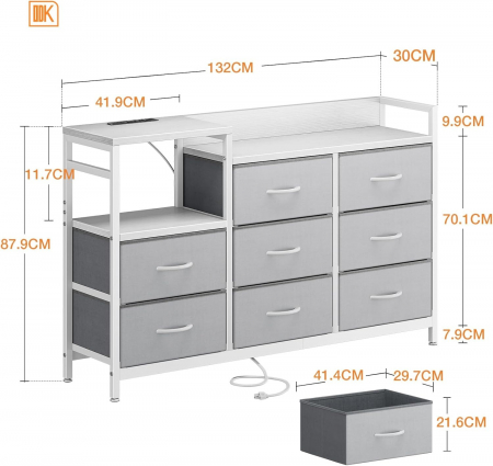 Comoda rama metal, placa MDF, 8 sertare textil, 2 porturi USB, 2 prize de 230v, 132 x 30 x 88 cm, alb și gri [2]