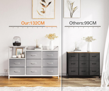Comoda rama metal, placa MDF, 8 sertare textil, 2 porturi USB, 2 prize de 230v, 132 x 30 x 88 cm, alb și gri [4]