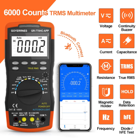 Multimetrul profesional :Test DC Voltage 60mV~1000V, AC Voltage 60mV ~ 750V, AC/DC Curent:600uA~600A, Capacitor:9.999nF~99.99mF, Frecvență: 9.99Hz~99MHz, Rezistență Range:600Ω ~ 60MΩ, Temperatura inte [1]