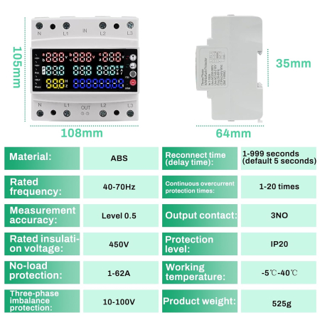 Contor electric trifazat cu afișaj LCD color, protecții multiple, montaj pe șină DIN [4]