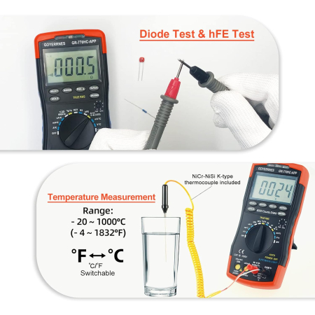 Multimetrul profesional :Test DC Voltage 60mV~1000V, AC Voltage 60mV ~ 750V, AC/DC Curent:600uA~600A, Capacitor:9.999nF~99.99mF, Frecvență: 9.99Hz~99MHz, Rezistență Range:600Ω ~ 60MΩ, Temperatura inte [5]