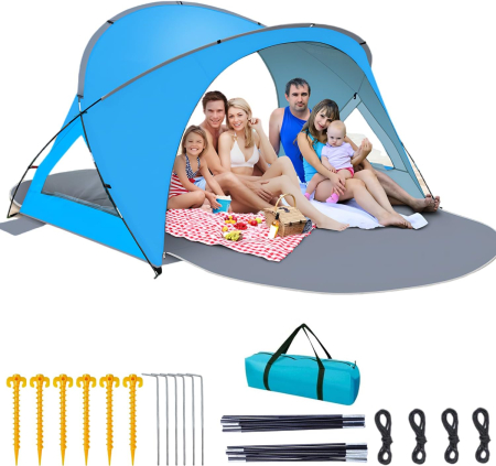 PLAJA - Cort de plaja cu deschidere automata pentru 3-4 persoane, albastru