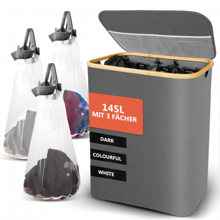 ORGANIZARE SPATIU - Cos de rufe pliabil, cu 3 compartimente, 145L