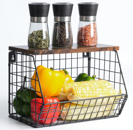 suporti depozitare - Set 2 Coșuri Fructe și Legume, Suprapozabile, Metalice, Capac Lemn, Suport Banane