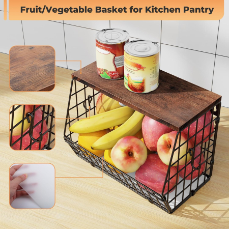 Set 2 Coșuri Fructe și Legume, Suprapozabile, Metalice, Capac Lemn, Suport Banane [2]