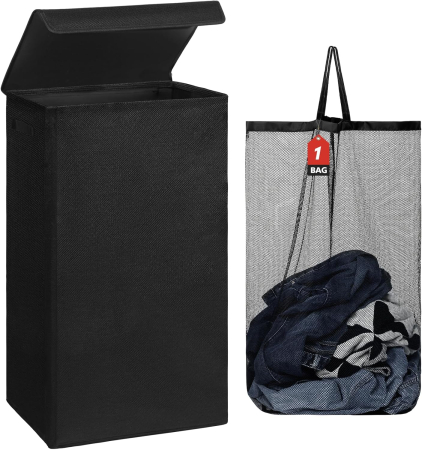 COSURI DE GUNOI - Cos de rufe 100 L pliabil, negru, cu saci de haine