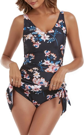 Costum negru de baie dintr-o bucata pentru femei, efect modelator, model floral M [1]