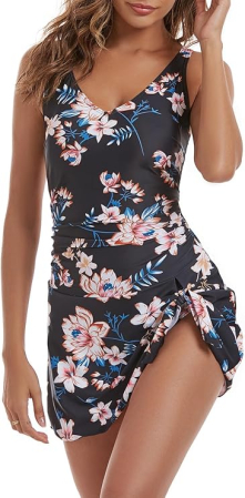 Costum negru de baie dintr-o bucata pentru femei, efect modelator, model floral M [5]
