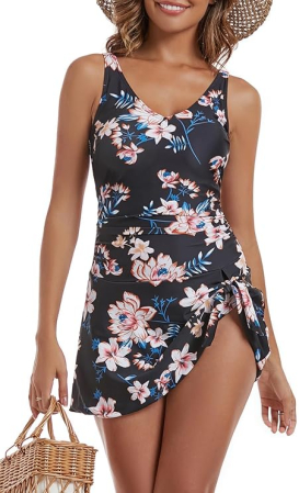 Costum negru de baie dintr-o bucata pentru femei, efect modelator, model floral S [3]