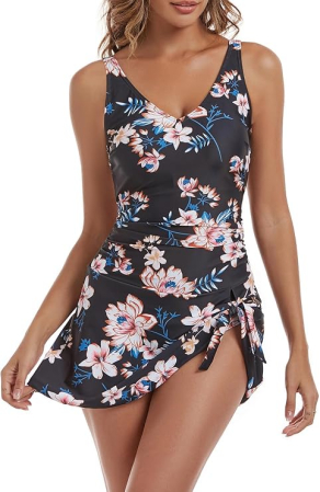 Costum negru de baie dintr-o bucata pentru femei, efect modelator, model floral S [4]