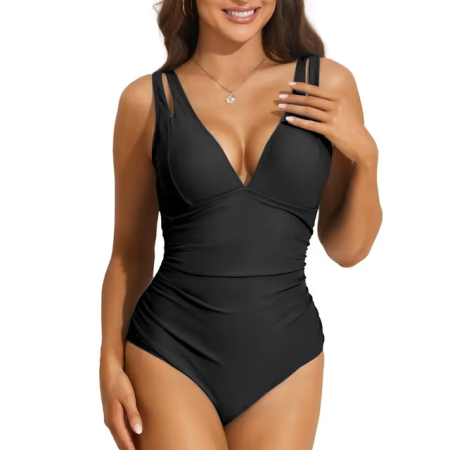 COSTUME BAIE FEMEI - Costum negru de baie dintr-o bucata pentru femei, elastic, cu uscare rapida, control abdomen, M