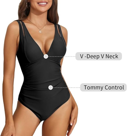 Costum negru de baie dintr-o bucata pentru femei, elastic, cu uscare rapida, control abdomen, M [5]