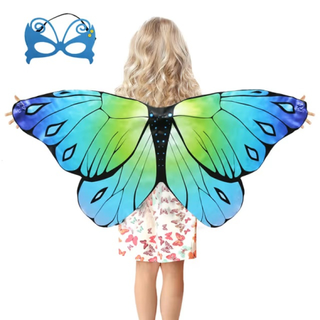 COSTUME COPII - Costum carnaval pentru fete, tip pelerina, aripi multicolore de fluture, albastru