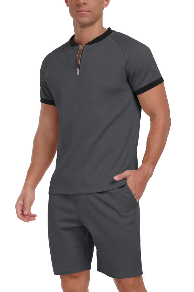 Costum de vară pentru timpul liber pentru barbati, set 2 piese, tricou polo si pantaloni scurti, gri inchis L [3]