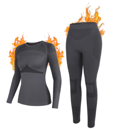 COSTUME 2 PIESE - Set Lenjerie Termică gri Damă, Bluză și Colanți, Compresie 3D, Material Călduros și Respirabil, 4-Way Stretch, Strat de Bază pentru Sport și Iarnă, L