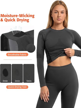 Set Lenjerie Termică gri Damă, Bluză și Colanți, Compresie 3D, Material Călduros și Respirabil, 4-Way Stretch, Strat de Bază pentru Sport și Iarnă, L [3]