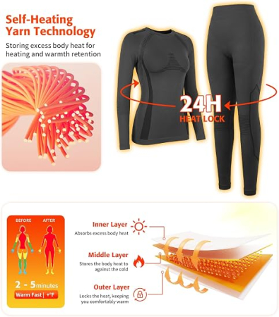 Set Lenjerie Termică gri Damă, Bluză și Colanți, Compresie 3D, Material Călduros și Respirabil, 4-Way Stretch, Strat de Bază pentru Sport și Iarnă, L [2]