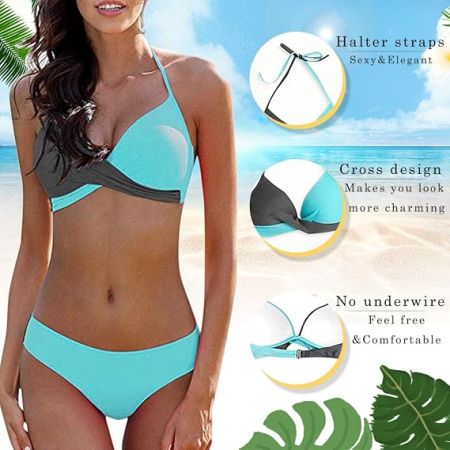 Costum de Baie Damă CheChury, Bikini 2 Piese Push-Up, Halter, Mărimea XL, Albastru [2]