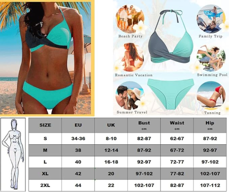 Costum de Baie Damă CheChury, Bikini 2 Piese Push-Up, Halter, Mărimea XL, Albastru [4]