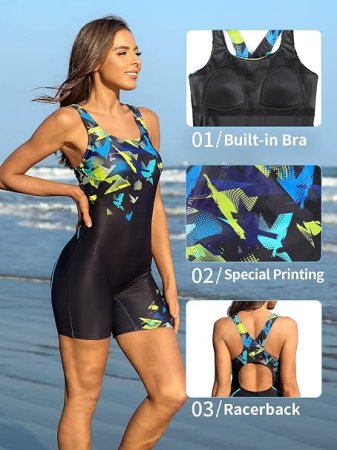 Costum de Baie Damă Întreg Sport, Racerback, Boyshorts, Cupe Căptușite, Uscare Rapidă, M [2]