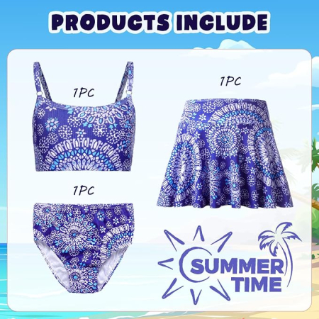 Costum de baie din 3 piese pentru fete, albastru cu model 130 cm [2]