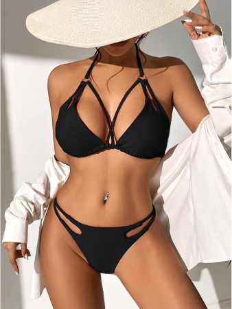 Costum de baie din 2 piese pentru femei, minimalist, negru S [3]